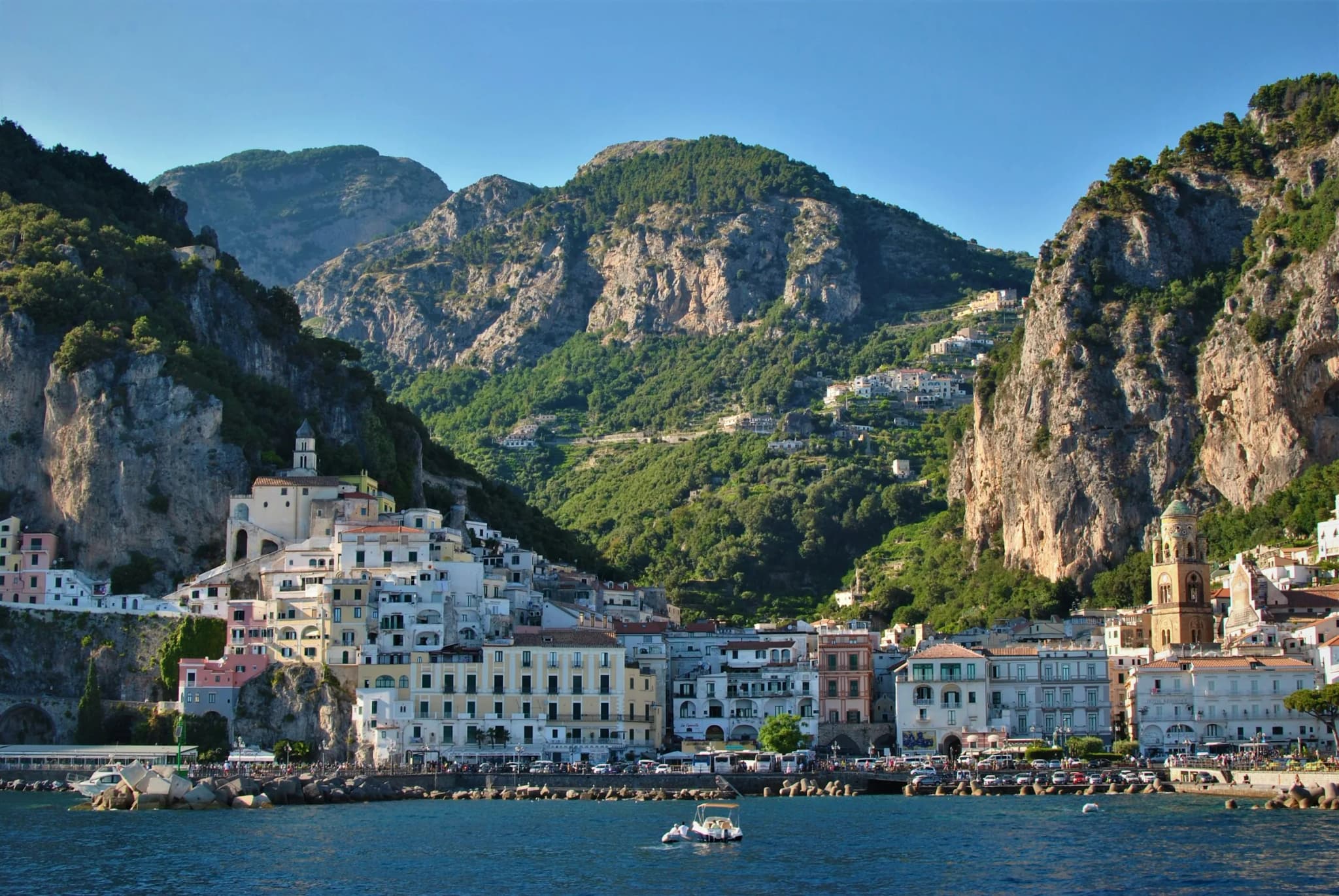 Amalfi from the sea, the town held between the mountains