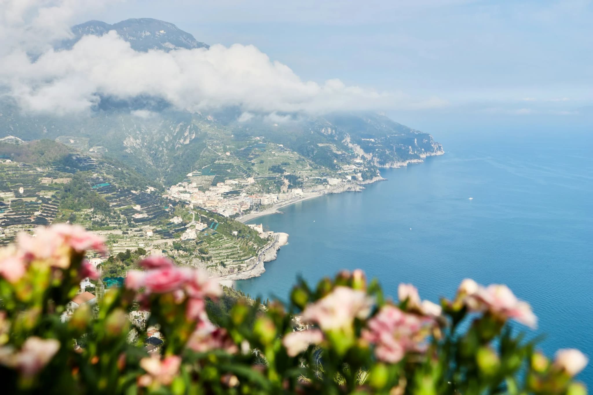 Maiori from above, the long beach and the bay behind flowers